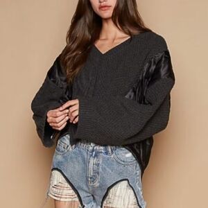015.POL Bohemian Oversized Mixed Fabric Cable Knit Cozy Sweater